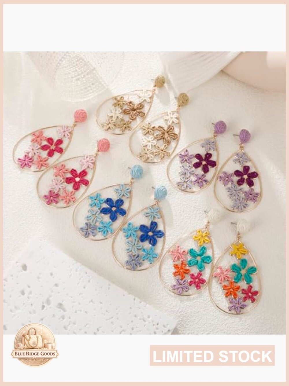 Handmade Raffia Flower Earrings Teardrop Dangle Statement - Picture 6 of 7